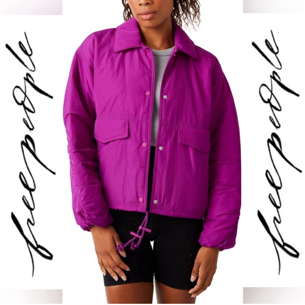 Free People Off The Bleachers Coaches Jacket- Vivid Violet, Size- XL